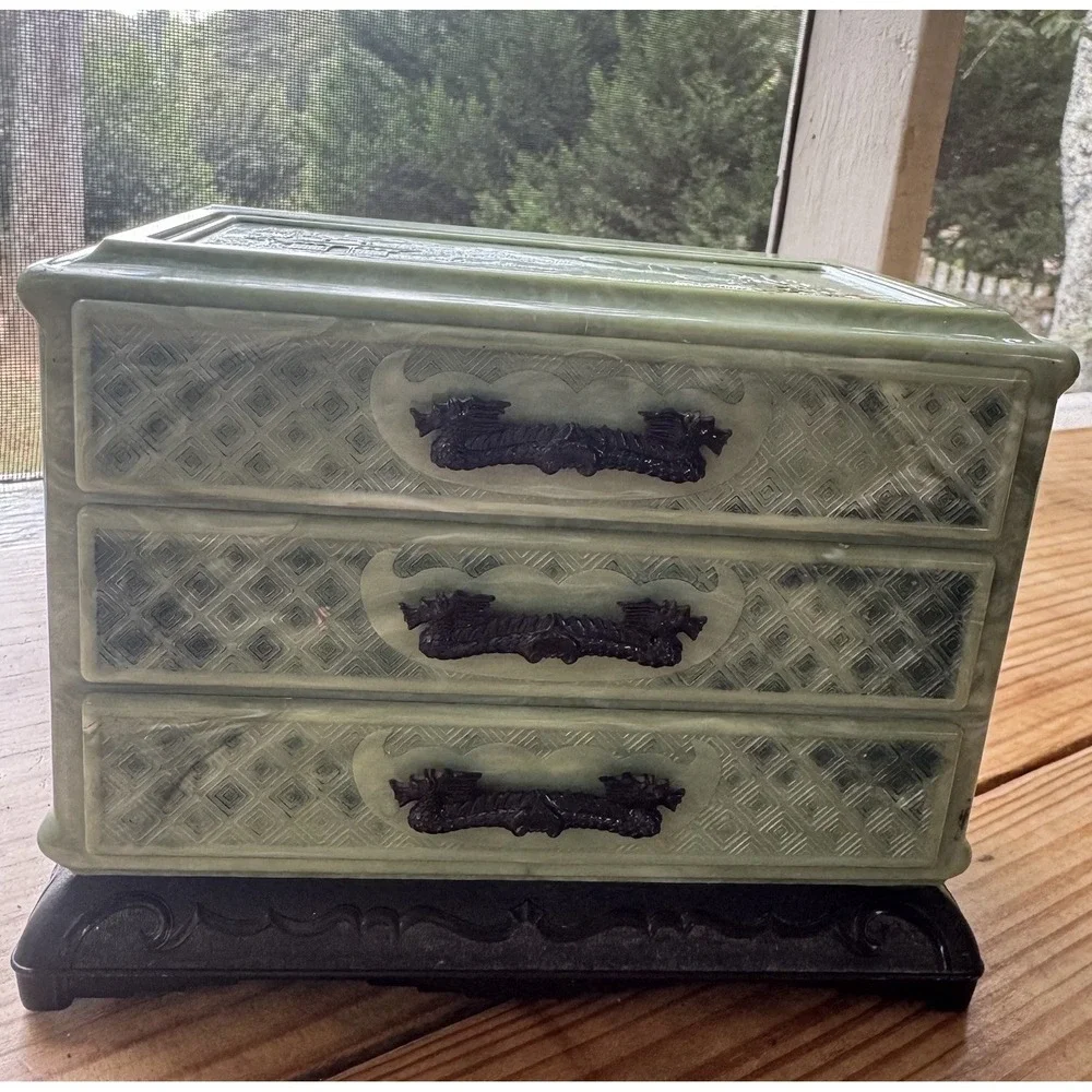 Vintage Faux Jade Chinoiserie Jewelry Box | 3-Drawer‎ Dragon Pulls | Mid Century